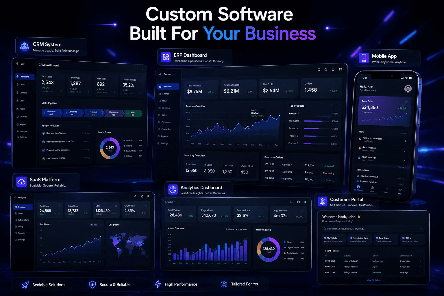 HexaLogicDev homepage and dashboard showcase