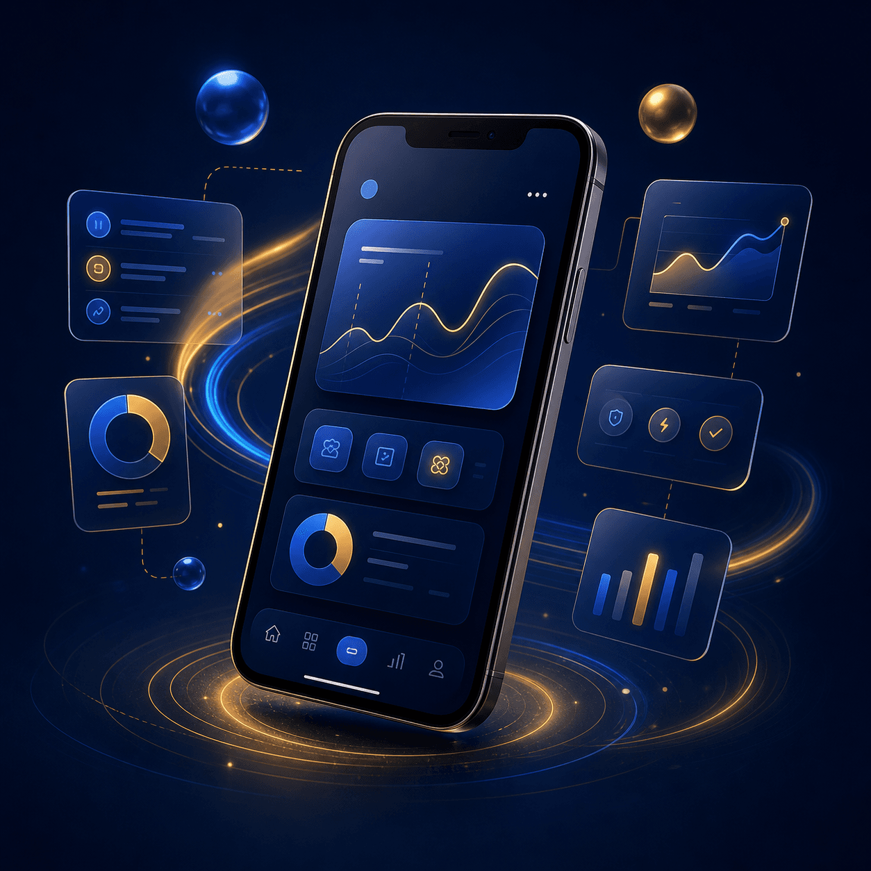 Mobile app visual in navy and gold