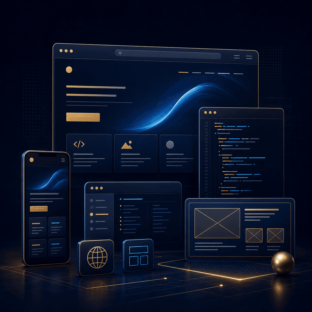 Web development visual in navy and gold